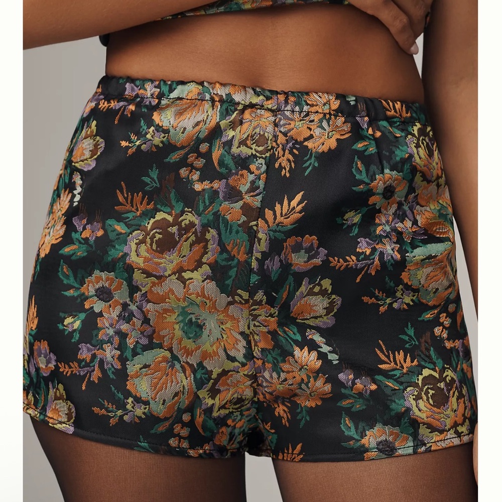 Anthropologie Black Floral Satin High Waist Shorts